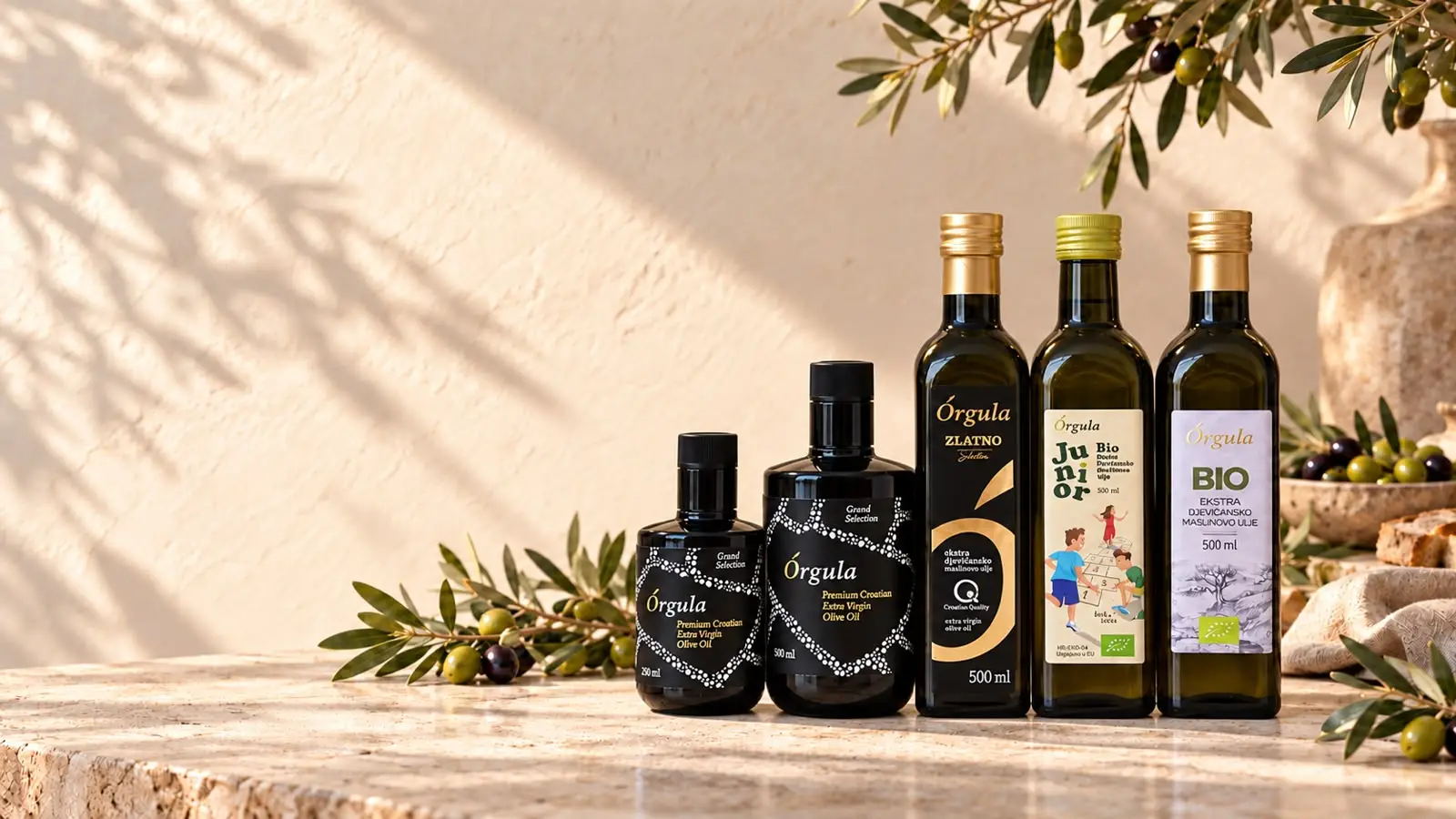Artisan Mediterranean food products displayed on wooden shelves